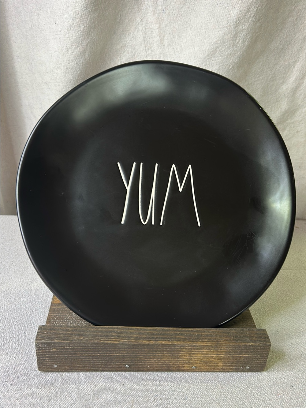 Rae Dunn Black Ceramic Plate with White "YUM" Lettering